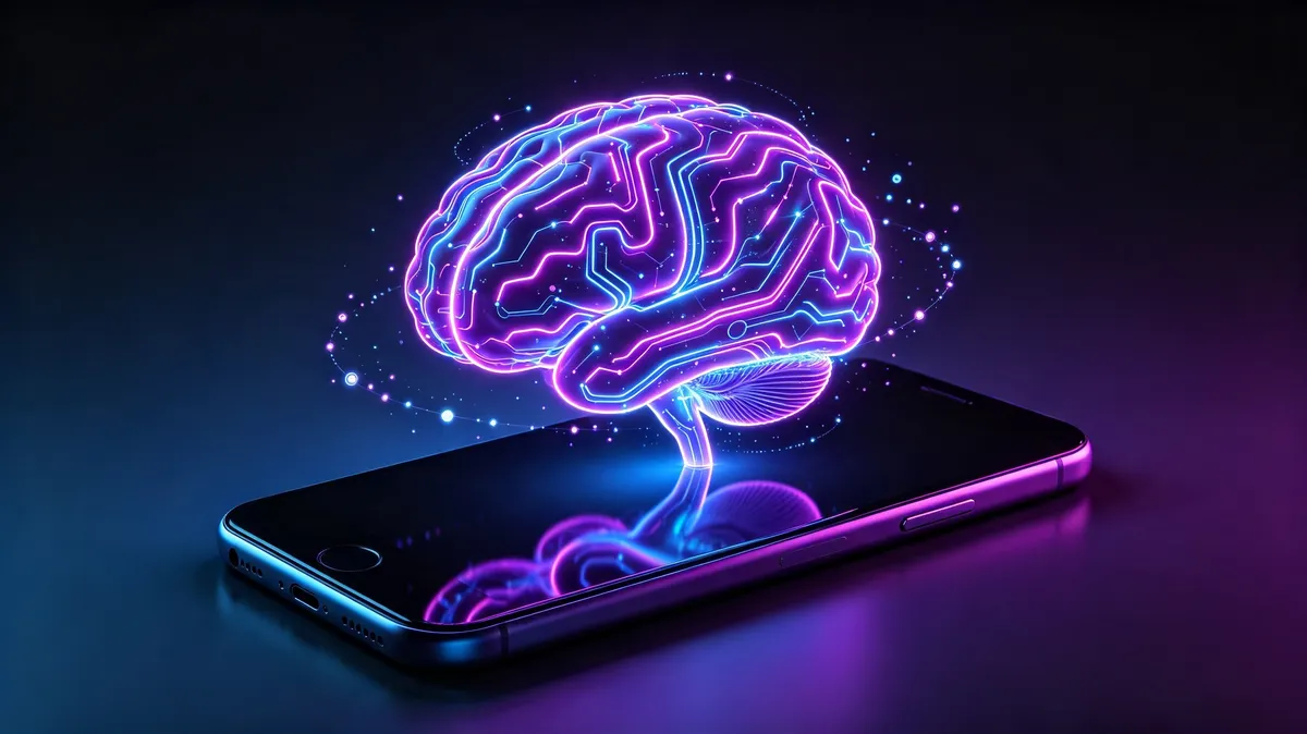 AI brain with neon circuits on smartphone