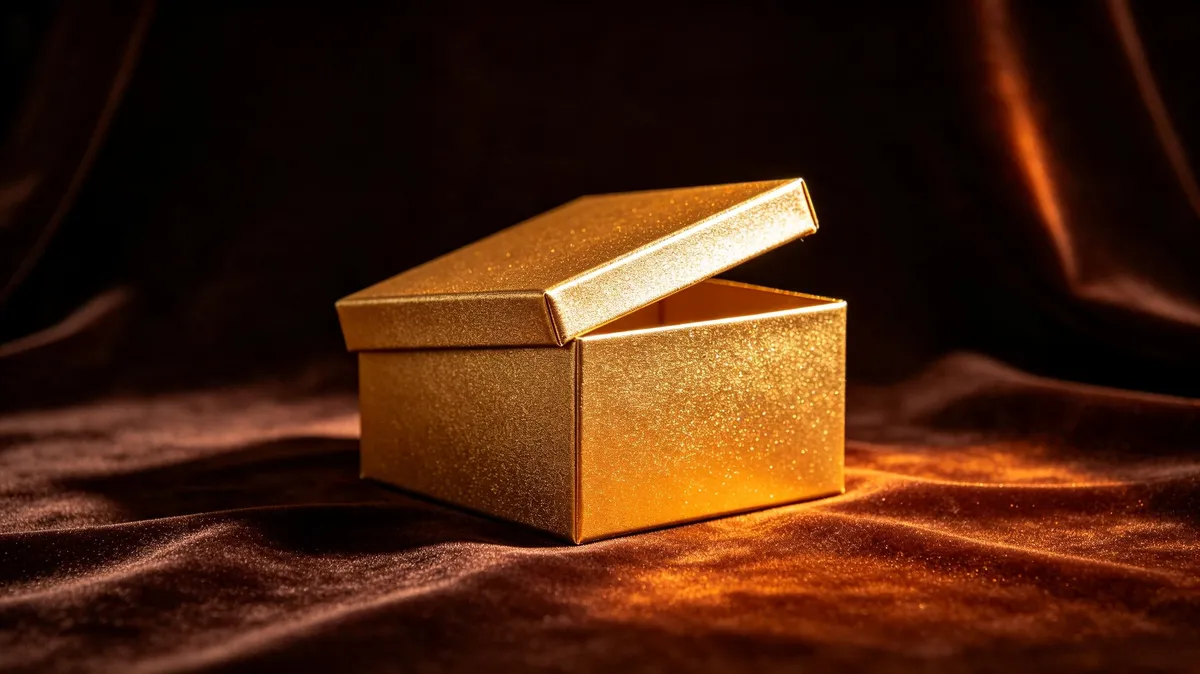 Elegant gold gift box on dark background