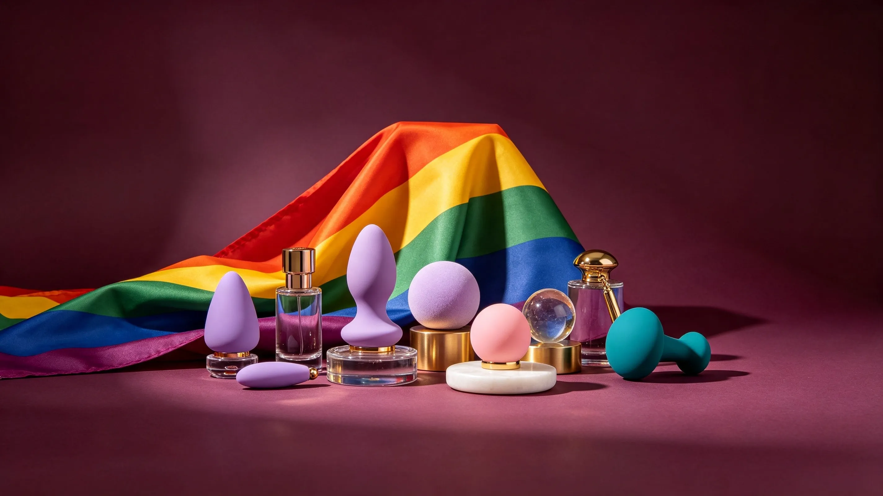 Inclusive wellness products on dark background — pride colors and body-safe designs
