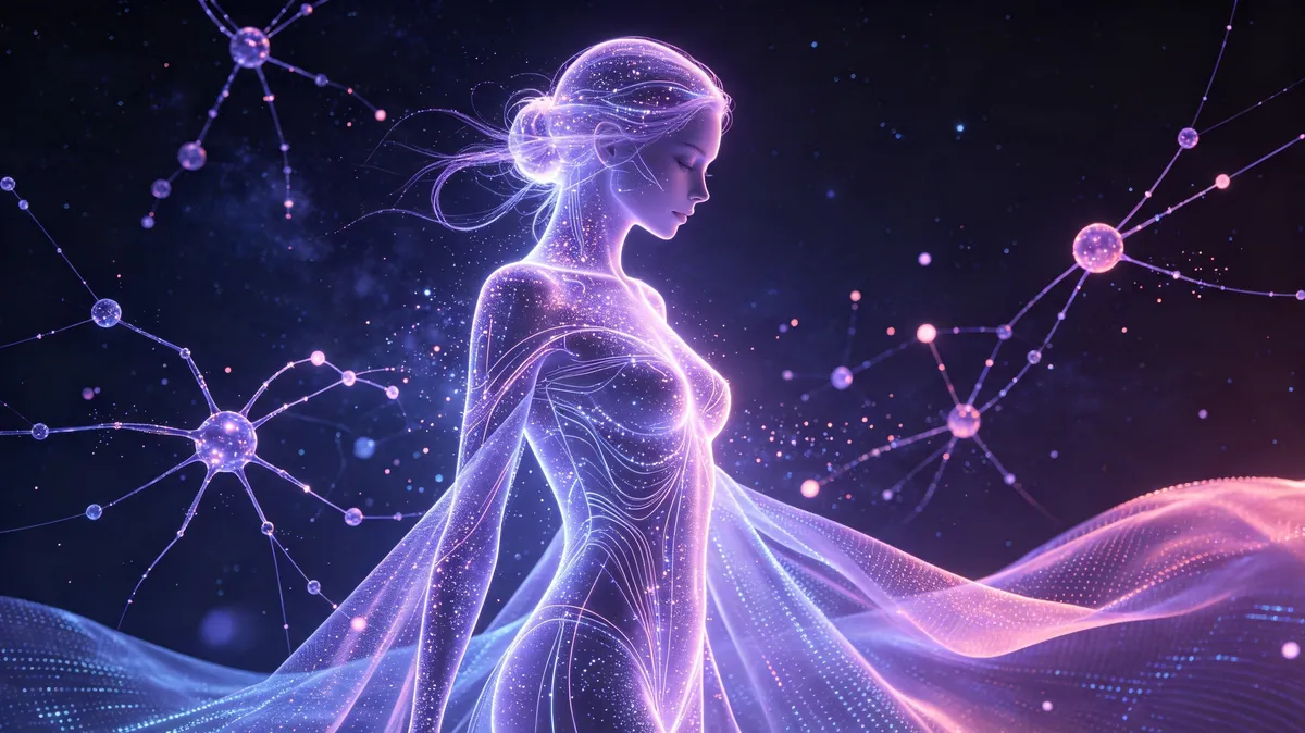 Abstract holographic figure with neural network nodes representing AI realism