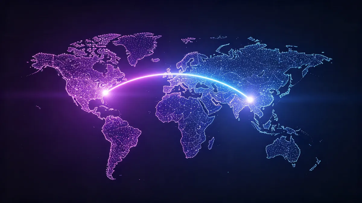 Glowing world map with two connected points representing cross-country remote play