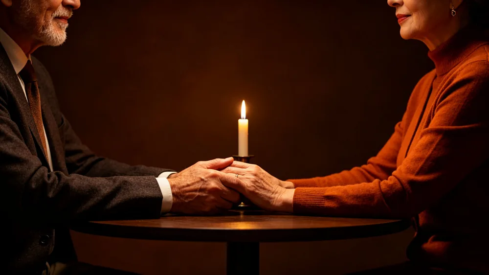 Older couple sitting together on a bench, representing lasting intimacy