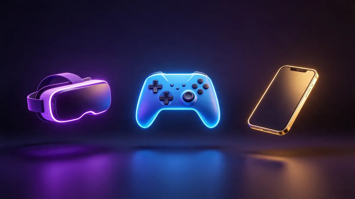 Three gaming icons floating with colored glows